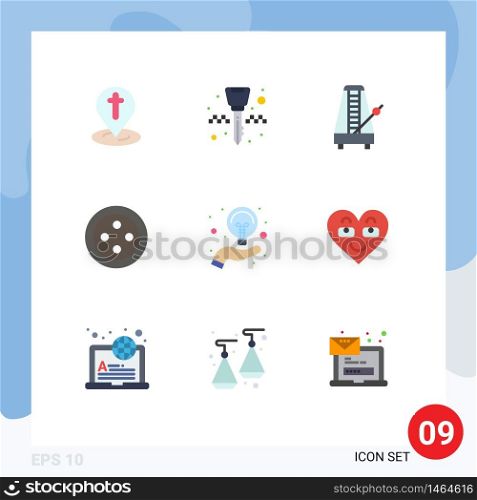 9 Universal Flat Colors Set for Web and Mobile Applications hand, bulb, audio, stud, sound Editable Vector Design Elements