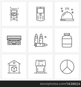 9 Universal Icons Pixel Perfect Symbols of bullet, FM radio, dinner, media, travel Vector Illustration