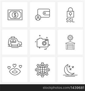 9 Universal Icons Pixel Perfect Symbols of camera, jeep, secure, car, auto Vector Illustration