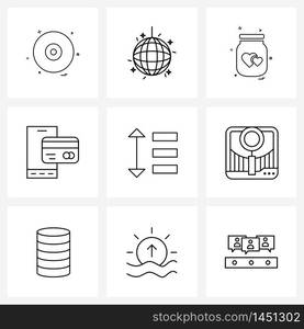 9 Universal Icons Pixel Perfect Symbols of down, arrow, valentine, machine, credit card Vector Illustration