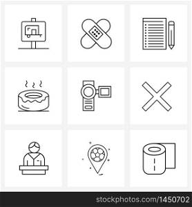 9 Universal Icons Pixel Perfect Symbols of electronic handicap, camcorder, list, gastronomy, doughnut Vector Illustration