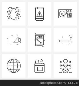 9 Universal Icons Pixel Perfect Symbols of file extension, file, media, charging, power Vector Illustration