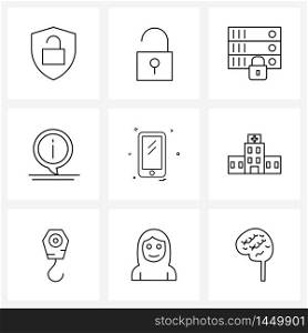 9 Universal Icons Pixel Perfect Symbols of phone, mobile, locked files, seo, info Vector Illustration
