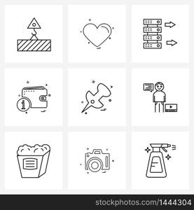 9 Universal Icons Pixel Perfect Symbols of pin, money, favorite, info, networking Vector Illustration