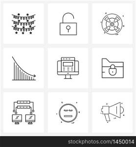 9 Universal Icons Pixel Perfect Symbols of security, folder, movie, web content, statistics Vector Illustration