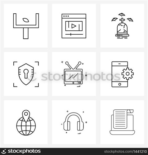 9 Universal Icons Pixel Perfect Symbols of television, secure, grave, safety, network Vector Illustration