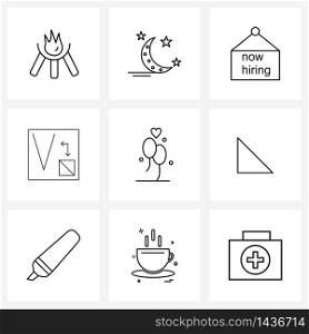 9 Universal Icons Pixel Perfect Symbols of wedding, balloon, board, tool, fillet Vector Illustration