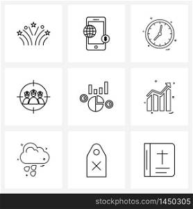 9 Universal Line Icon Pixel Perfect Symbols of business, graph, clock, focus, group target Vector Illustration