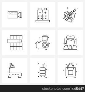 9 Universal Line Icon Pixel Perfect Symbols of camera, row, solar, extract, arrow Vector Illustration