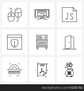 9 Universal Line Icon Pixel Perfect Symbols of content, book, file, shield, web page Vector Illustration