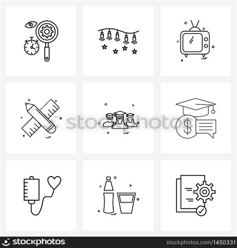 9 Universal Line Icon Pixel Perfect Symbols of group, education, television, geometry, pencil Vector Illustration