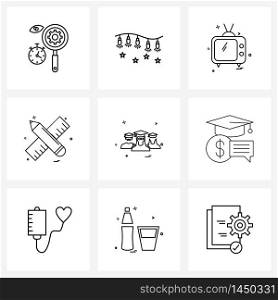 9 Universal Line Icon Pixel Perfect Symbols of group, education, television, geometry, pencil Vector Illustration