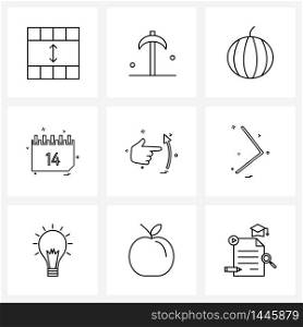 9 Universal Line Icon Pixel Perfect Symbols of hand, valentine&rsquo;s day, watermelon, valentine, calendar Vector Illustration