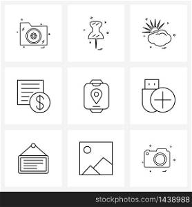 9 Universal Line Icon Pixel Perfect Symbols of location, list, sun, shopping, Vector Illustration