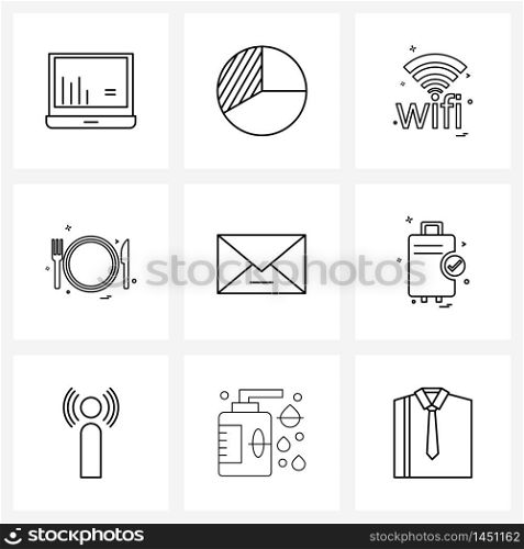 9 Universal Line Icon Pixel Perfect Symbols of mail, plates, wife, plate, food Vector Illustration