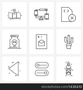 9 Universal Line Icon Pixel Perfect Symbols of open, mobile, chip, science, skull Vector Illustration