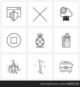 9 Universal Line Icon Pixel Perfect Symbols of pineapple, food, cloud computing, player, end Vector Illustration