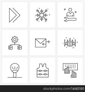 9 Universal Line Icon Pixel Perfect Symbols of send, email action, account, data network maintenance, data distribution setting Vector Illustration