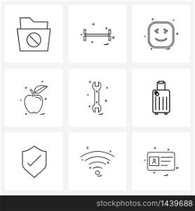 9 Universal Line Icon Pixel Perfect Symbols of tools, fruits, emotions, fruits, apple Vector Illustration
