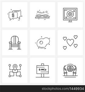 9 Universal Line Icons for Web and Mobile breakfast, food, monitor, food, furniture Vector Illustration