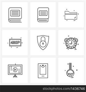 9 Universal Line Icons for Web and Mobile clock, protection, directory, shield, p Vector Illustration