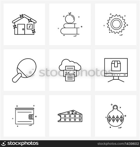 9 Universal Line Icons for Web and Mobile cloud and fax, outdoor, sun, hobby, activities Vector Illustration