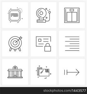 9 Universal Line Icons for Web and Mobile debit, credit, alarm, security, target Vector Illustration
