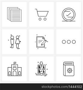 9 Universal Line Icons for Web and Mobile doc, women, check, men, female Vector Illustration