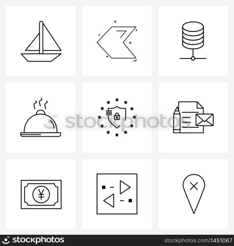 9 Universal Line Icons for Web and Mobile document, protection, server, gdpr shield, food Vector Illustration