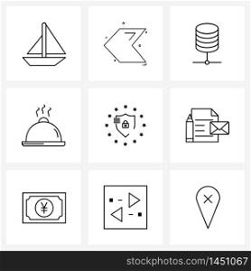 9 Universal Line Icons for Web and Mobile document, protection, server, gdpr shield, food Vector Illustration