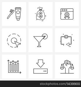 9 Universal Line Icons for Web and Mobile drinks, arrow, achievement, circle, cursor Vector Illustration