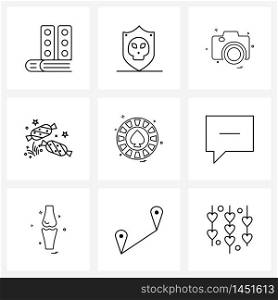 9 Universal Line Icons for Web and Mobile email, card game, photography, spade, treat Vector Illustration