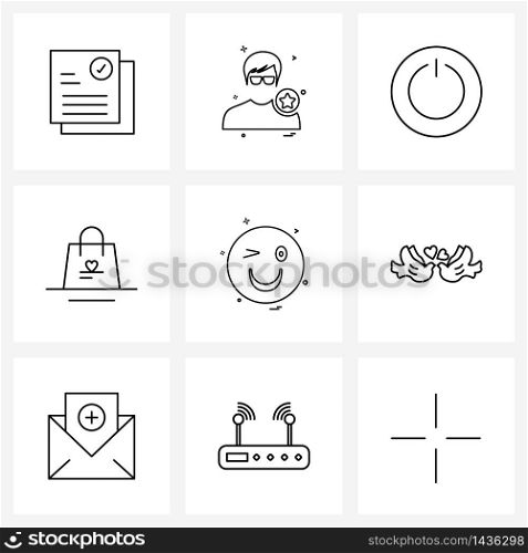 9 Universal Line Icons for Web and Mobile emote, love, avatar, wedding, power button Vector Illustration