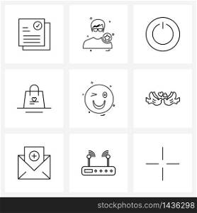 9 Universal Line Icons for Web and Mobile emote, love, avatar, wedding, power button Vector Illustration