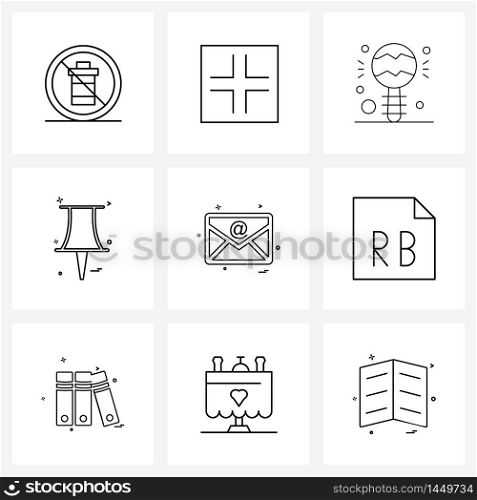 9 Universal Line Icons for Web and Mobile envelope, pin, zoom, paper pin, toy Vector Illustration