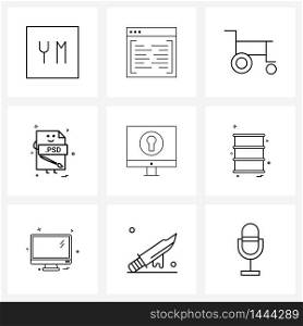 9 Universal Line Icons for Web and Mobile, file extension, development, file type, handicapped Vector Illustration