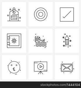 9 Universal Line Icons for Web and Mobile fireworks, swimming, tick, sports, games Vector Illustration