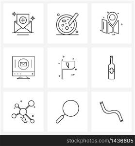 9 Universal Line Icons for Web and Mobile flag design, sports, map, monitor Vector Illustration