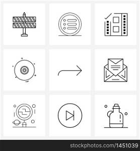 9 Universal Line Icons for Web and Mobile mail, right, video, navigation, player Vector Illustration
