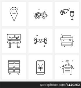 9 Universal Line Icons for Web and Mobile maintenance, traffic sign, alcohol, traffic sign board, drinks Vector Illustration