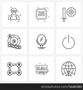 9 Universal Line Icons for Web and Mobile makeup mirror, currency, day, money, weapon Vector Illustration