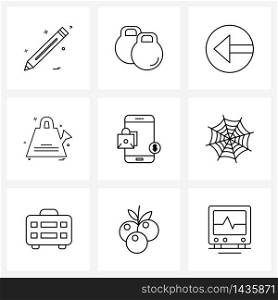 9 Universal Line Icons for Web and Mobile phone, locked, back, watering, gardening Vector Illustration