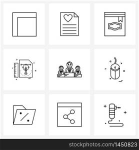 9 Universal Line Icons for Web and Mobile positions, doc, romantic, file, library Vector Illustration