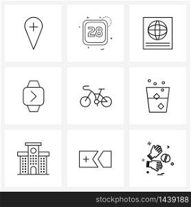 9 Universal Line Icons for Web and Mobile timer, watch, travel, passport Vector Illustration