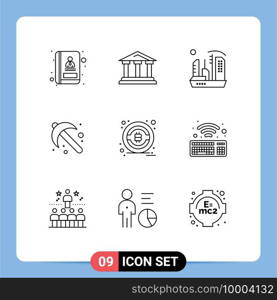 9 Universal Outline Signs Symbols of bitcoin, spade, city, gardening, expansion Editable Vector Design Elements