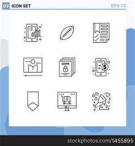 9 Universal Outline Signs Symbols of broadcast, page, rugby, document, bookmark Editable Vector Design Elements