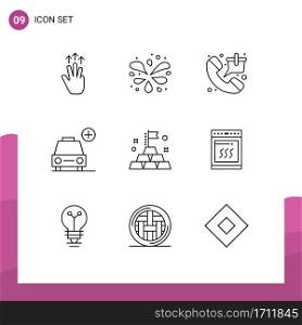 9 Universal Outline Signs Symbols of gold, add, bag, plus, shopping Editable Vector Design Elements