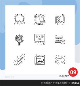 9 Universal Outline Signs Symbols of robotics, machine, watch, industry, love sign Editable Vector Design Elements