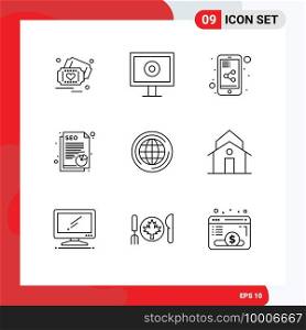 9 Universal Outline Signs Symbols of think, globe, share document, world, seo Editable Vector Design Elements