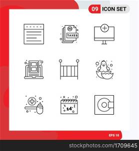 9 Universal Outline Signs Symbols of youtube, online, add, learning, hardware Editable Vector Design Elements